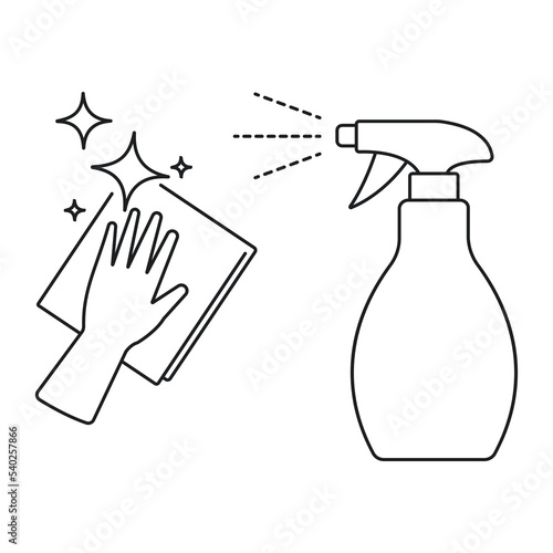 Illustration showing disinfection (disinfectant spray, rubber gloves and cloth)