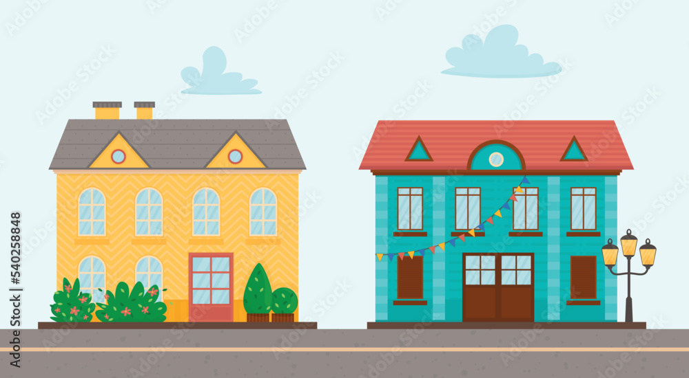 Bright houses in cartoon style. Houses for children. City road. Vintage. Vector. Isolated image