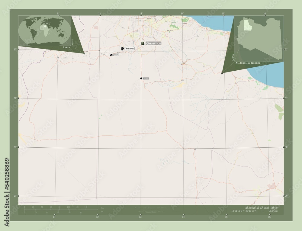 Fototapeta premium Al Jabal al Gharbi, Libya. OSM. Labelled points of cities