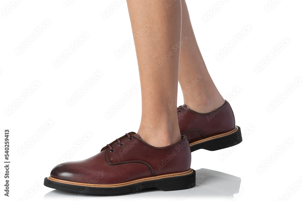 Men wearing leather shoes stepping pose of side view isolated on white background