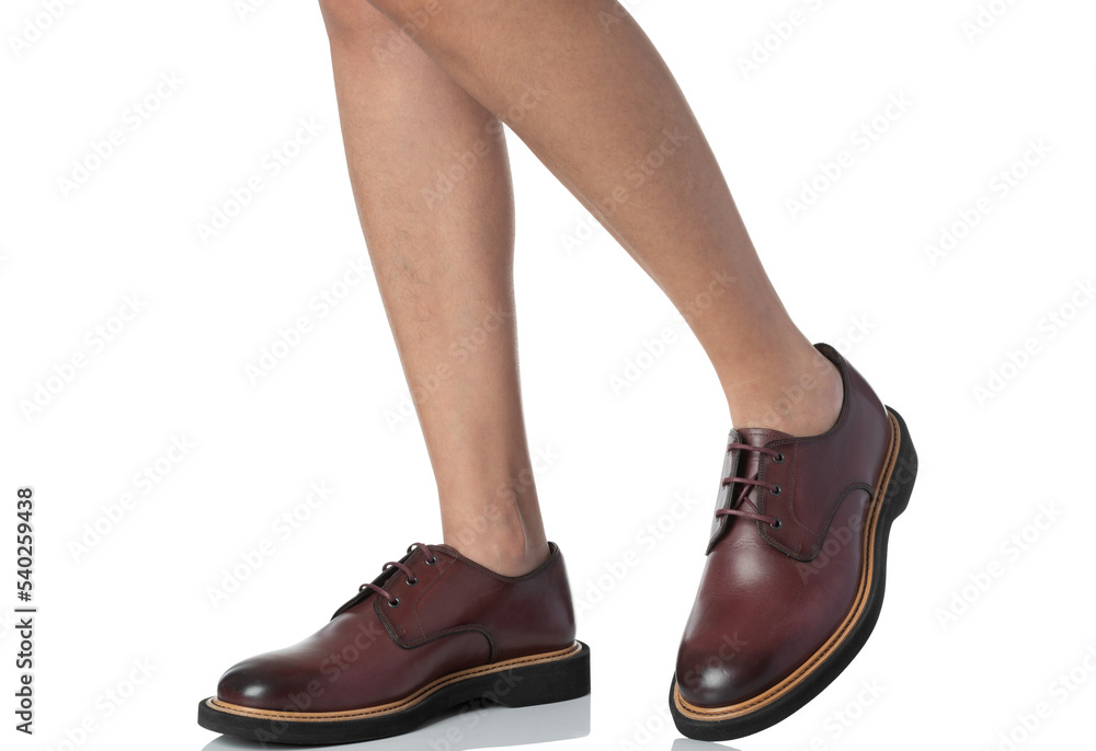 Men wearing leather shoes stepping pose of side view isolated on white background