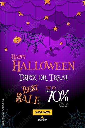 Happy Halloween Upto 70% off web banner with purple clouds in paper cut style. illustration. pumpkin ,witch cauldron, spiders web and flying bat. Place for text. abstract background