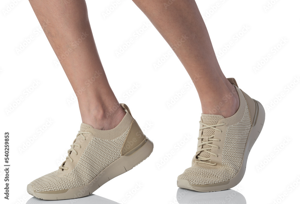 Men wearing sneakers shoes stepping pose of side view isolated on white background