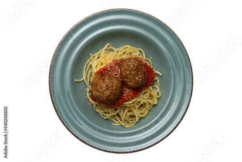 Meatballs and pasta in a bowl. Isolated on white. View from above. transparent