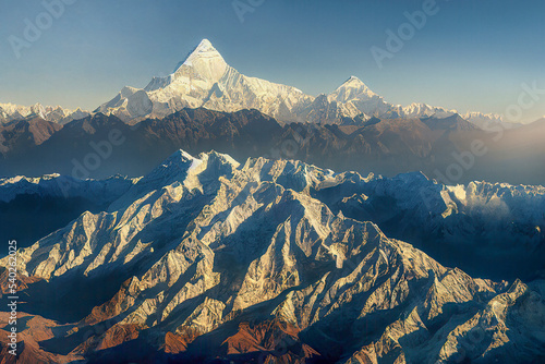 Aerial View of Rugged Mountain Range at Sunrise