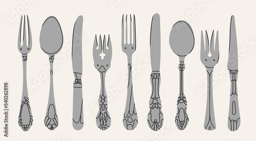 Fancy silver Cutlery set with table knife, spoon, fork, fish spoon. Various shapes. Vintage style. Restaurant, dinner concept. Hand drawn modern Vector illustration. All elements are isolated