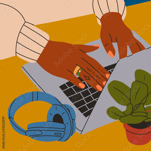 Female hands working on laptop. Headphones and plant on working desk. Top view from side. Working, chatting, study, communication, work from home concept. Hand drawn modern Vector illustration