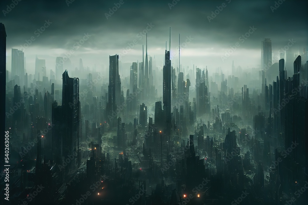 City wallpaper. Dystopian futuristic cyberpunk city at night in a neon haze.  3d rendering. Raster illustration.