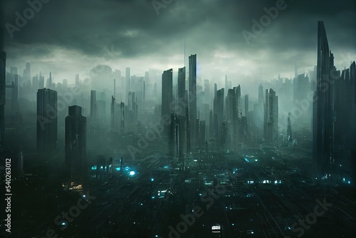 City wallpaper. Dystopian futuristic cyberpunk city at night in a neon haze. 3d rendering. Raster illustration.