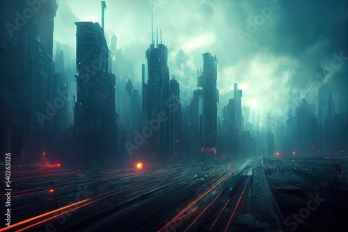 City wallpaper. Dystopian futuristic cyberpunk city at night in a neon haze.  3d rendering. Raster illustration.