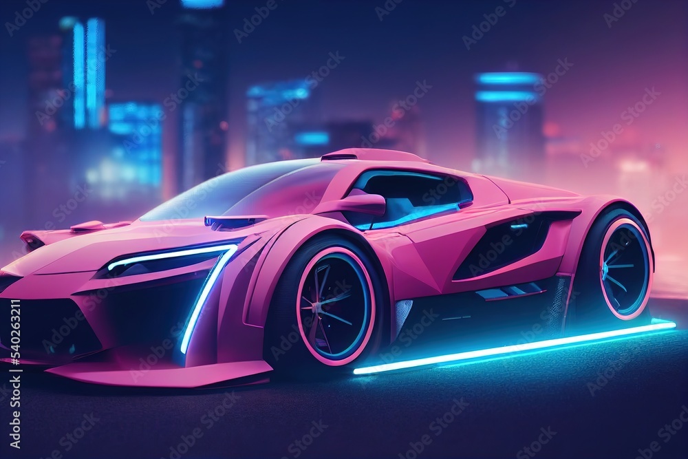 cyberpunk. Sports futuristic car on neon cyberpunk background. 3d render. 3D illustration