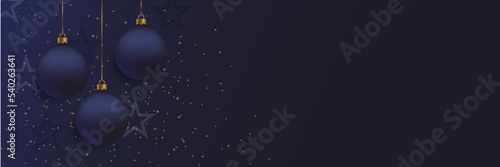 Christmas and New Year design. 3D rendering of realistic Christmas balls and decorative golden glitters and stars hanging on gold chains.. Elegant festive vector banner