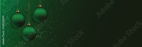 Christmas and New Year design. 3D rendering of realistic Christmas balls and decorative golden glitters and stars hanging on gold chains.. Elegant festive vector banner