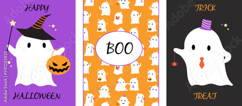 Flat ghost decorative banner design. Halloween vector postcards. Cartton style invitations. Funny illustration for print, web, media and other proposes.