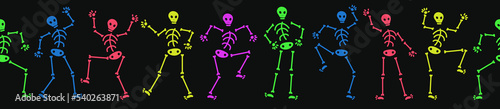 Set with skeletons in different poses for print design, web, sticker, media, posters. Halloween vector funny set. Monochrome isolated.