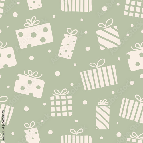 Christmas pattern with hand drawn present boxes. Xmas wrapping paper concept. Vector