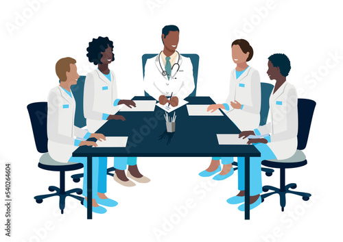A team of doctors confer, study, hold a conference, training or cosilium. Vector illustration isolated on white background.