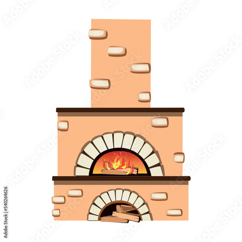 Old stone fireplace in cartoon style isolated on white background. Element of architecture and interior. Vector illustration.