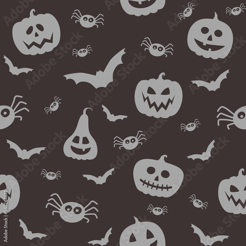 Halloween pattern with funny pumpkin lanterns, bats and spiders. Vector