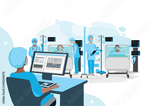 A nurse monitors the health status of patients through a monitor in a modern intensive care unit where nurses take care of the sick. Thank you nurses and doctors. Medical technology and life saving.