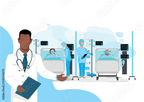 The doctor shows a modern intensive care board where nurses take care of the sick. Thank you nurses and doctors. Medical technology and life saving. Vector illustration.