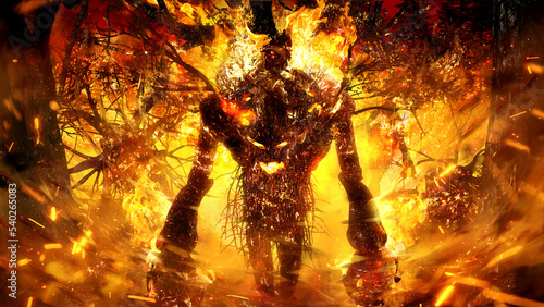 Embittered ancient ent gone mad, he walks through a burning forest on his body three heads suffering in agony, he is the leader of an army of trees that have risen to fight for their home 3d rendering