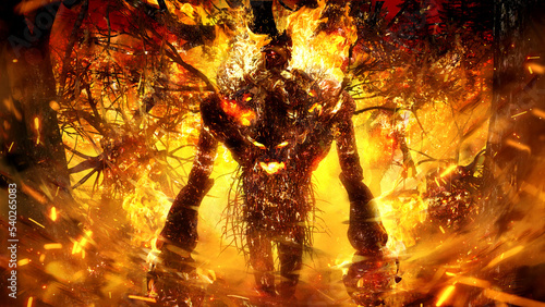 Obraz na płótnie Embittered ancient ent gone mad, he walks through a burning forest on his body t