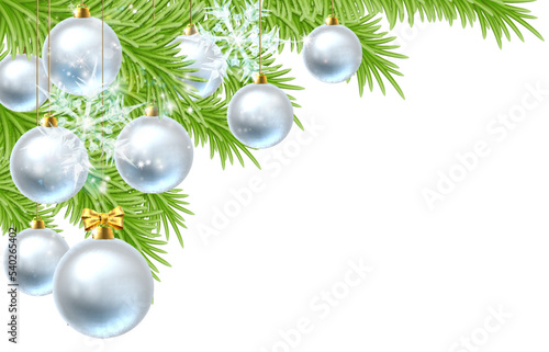 Christmas Tree background with silver balls or baubles ornament decorations