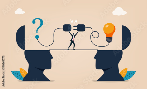 Businessman connect question mark with lightbulb solution. Solution for problem, creative idea and innovation for business success. leadership to overcome difficulty