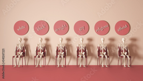 Canvas Print Diversity, ethnicity, sexual orientation, religion, words written on the wall with skeletons sitting on a chair