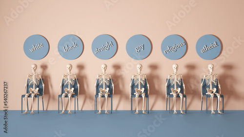 Canvas Print Diversity, ethnicity, sexual orientation, religion, words written on the wall with skeletons sitting on a chair