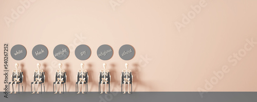 Фотография Diversity, ethnicity, sexual orientation, religion, words written on the wall with skeletons sitting on a chair