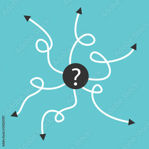 Many curved paths with arrow tips with question mark in centre. Doubt, choice, decision, confusion, problem and challenge concept. Flat design. EPS 8 vector illustration, no transparency, no gradients