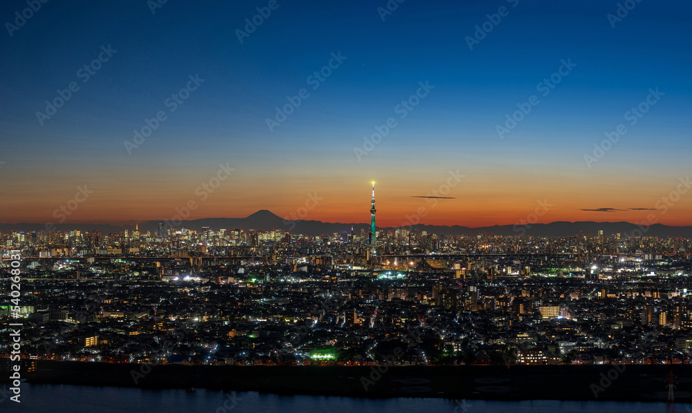 Super high resolultion image of the Greater Tokyo area cityscape with Tokyo skytree and Mount Fuji.