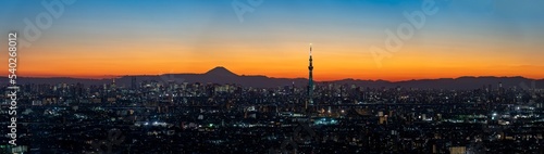 Photography Ultra wide image of the Greater Tokyo area cityscape with Tokyo skytree at magic hour