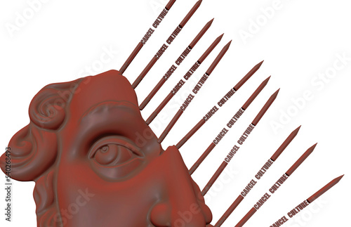 Statue face partially erased by pencils with eraser, metaphorically represents cancel culture and historical revisionism, 3d illustration, 3d rendering photo