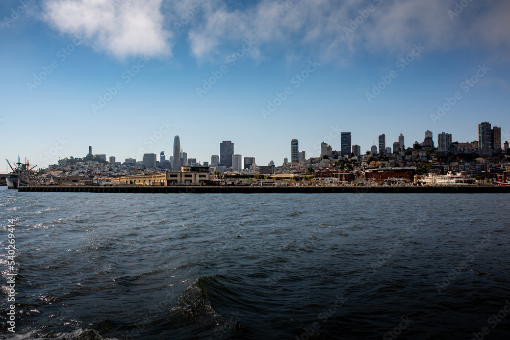 Skyline of San Franciso, California, from the Sea with Skykrapers and harbour