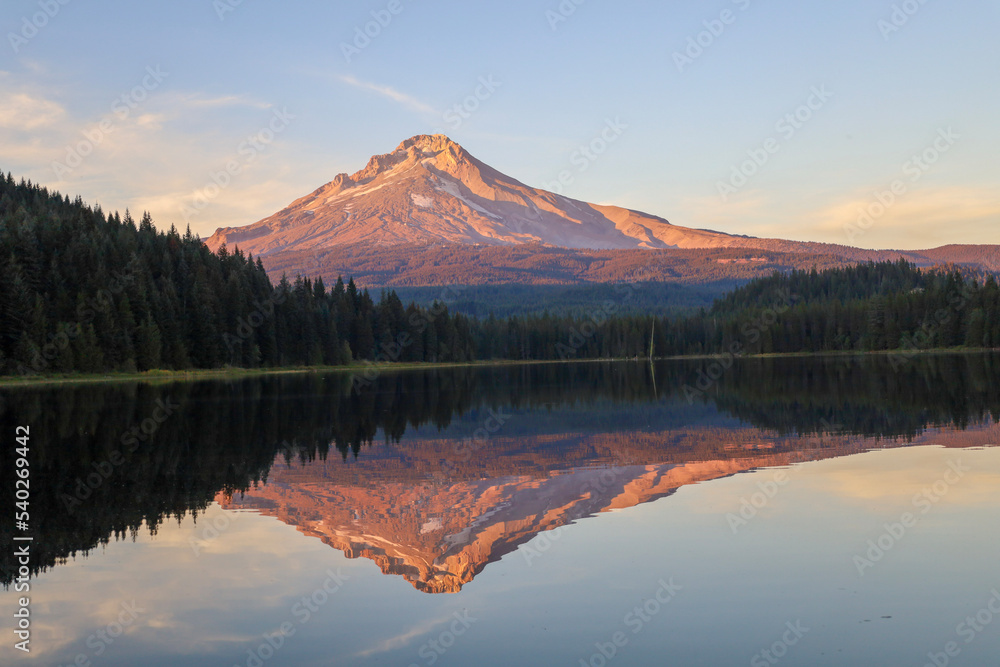 mt Hood at sunset with reflection on lake