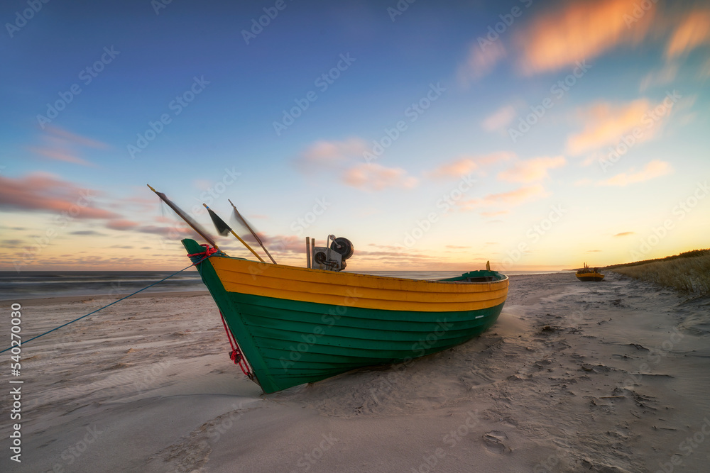 Debki, Polish famous beach on the Baltic Sea, in the photo a fishing boat	