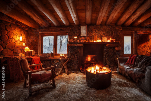 Tableau sur toile cozy rustic winter cabin interior 3d illustration