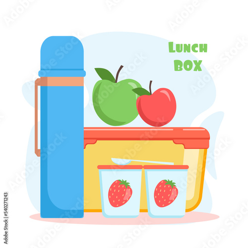 Lunch box with school meal with plastic container, apples, yogurt and thermos. Flat vector illustration isolated on white. Colorful appetizing snack food in kids lunch box. Healthy meals storage.