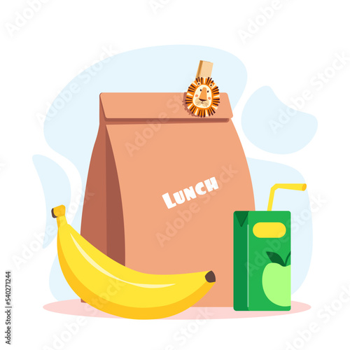 Lunch box with school meal cartoon organic paper bag with school meal, banana and juice. Flat vector isolated illustration. Colorful appetizing snack food in kids lunch box. Healthy meals storage.