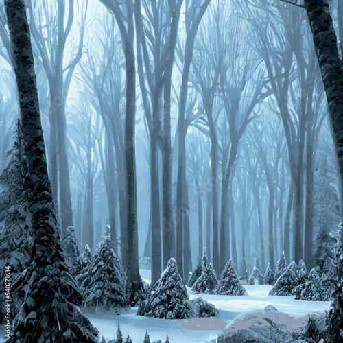 Winter landscape with hills in snow, fir trees and sky. Panoramic snowy nature scene. Scenery with mountains in cold frosty weather. 