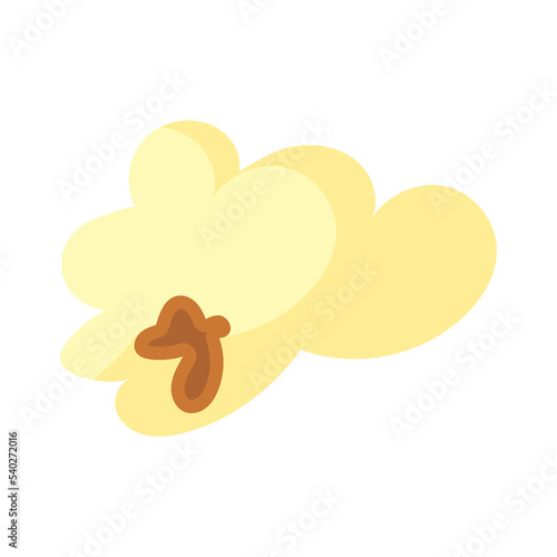 Сartoon kernel popcorn and pop corn snack. Tasty icon grain maize and salty eat. Caramel sweetcorn for movie and isolated single nutrition. Closeup fluffy treat vector illustration