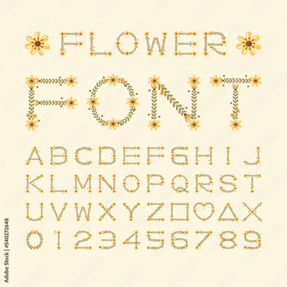 Isolated summer flower font alphabet character with number and symbol, Vector floral wreath ivy style with branch and leaves. Isolated summer flower font alphabet character with number and symbol, Vector floral wreath ivy style with branch and leaves.