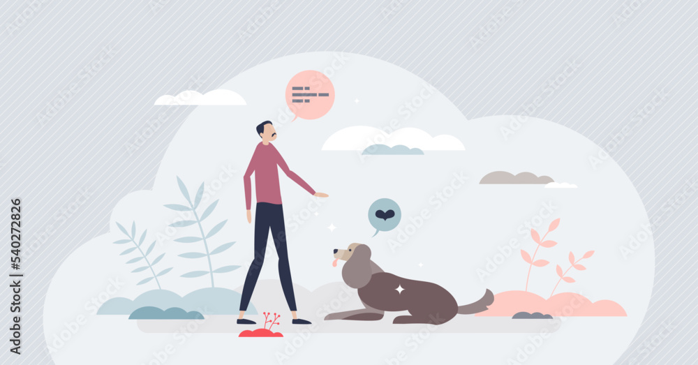 Dog training and domestic pet command teaching lesson tiny person concept. Poodle puppy tuition with sit and stay instructions vector illustration. Learning good behavior and high education level.