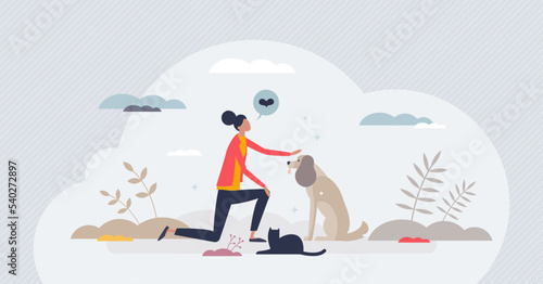 Pet sitter and looking after animals as service offer tiny person concept. Professional woman for dog or cat care while owner is away vector illustration. Female love her job as cute puppy friend.