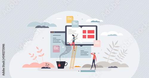 Learn Danish language with online grammar courses tiny person concept. Scandinavian culture, speaking and linguistic skills development with foreign lessons and training process vector illustration.