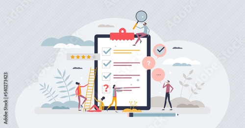 Survey quality test from customer for effective feedback tiny person concept. Satisfaction evaluation about product or service vector illustration. Assessment and opinion about business performance.
