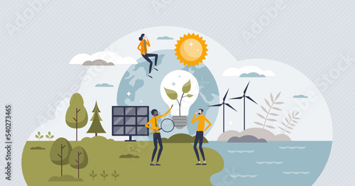Environmental impact assessment for effect analysis tiny person concept. Nature pollution evaluation and green energy types sustainability research with sources examination review vector illustration.